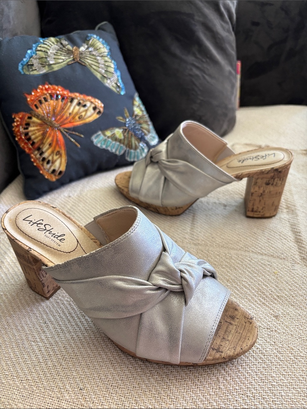 Life Stride Laguna Cork Heel Slide Metallic Silver Knot PeepToe Size 11M